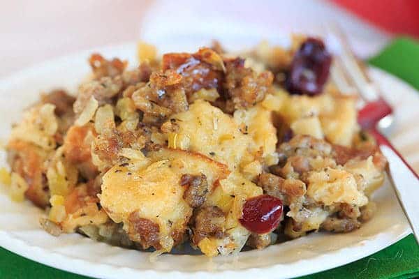 Sausage, Apple & Sage Stuffing made with Challah bread. | https://apex-male.info/sausage-apple-sage-stuffing/