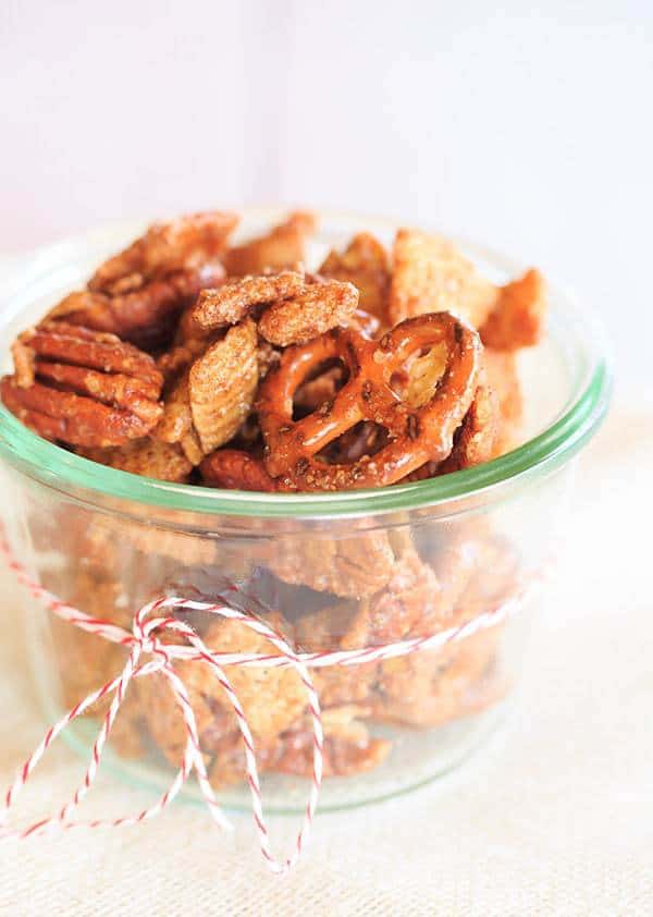 Cinnamon-Sugar Candied Chex Mix with Pecans and Pretzels - A perfect holiday snack and hostess gift! | browneyedbaker.com