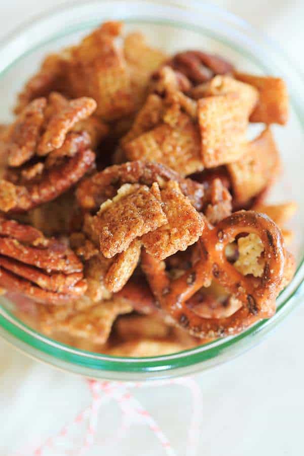 Cinnamon-Sugar Candied Chex Mix with Pecans and Pretzels - A perfect holiday snack and hostess gift! | browneyedbaker.com