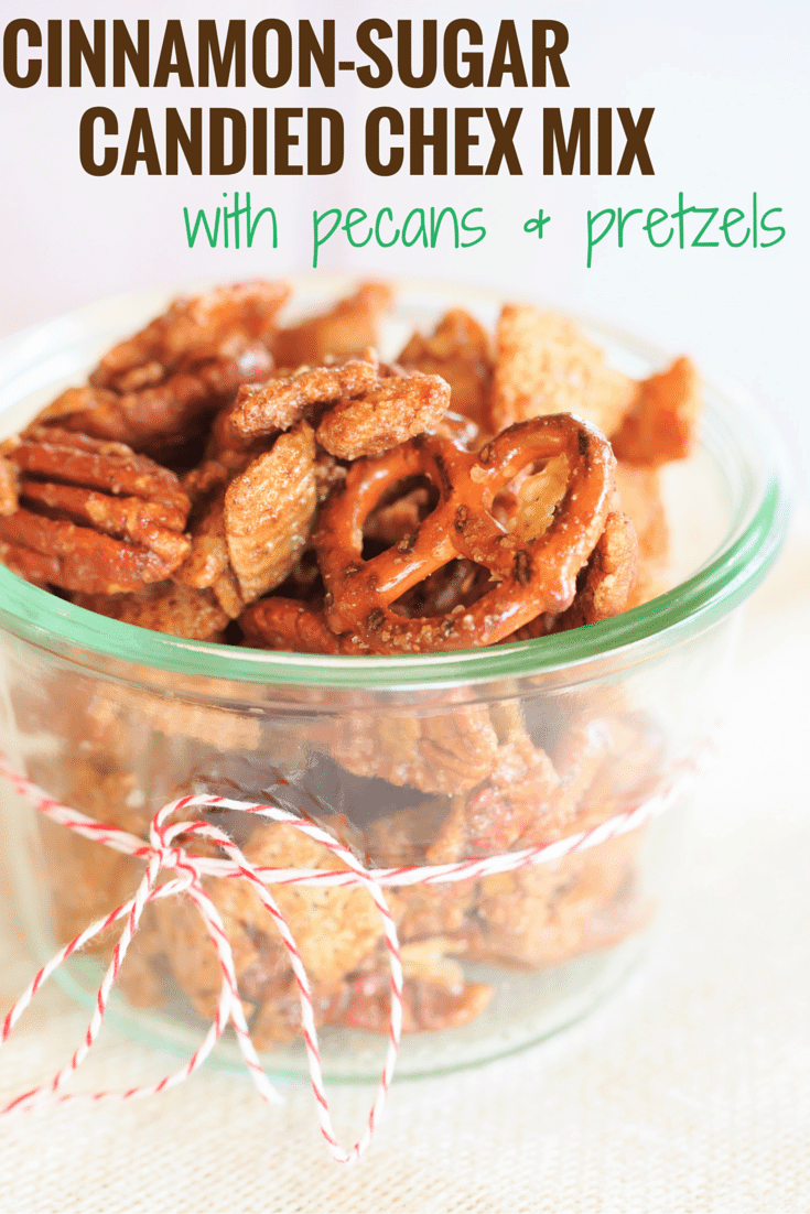 Cinnamon-Sugar Candied Chex Mix with Pecans and Pretzels - A perfect holiday snack and hostess gift! | browneyedbaker.com