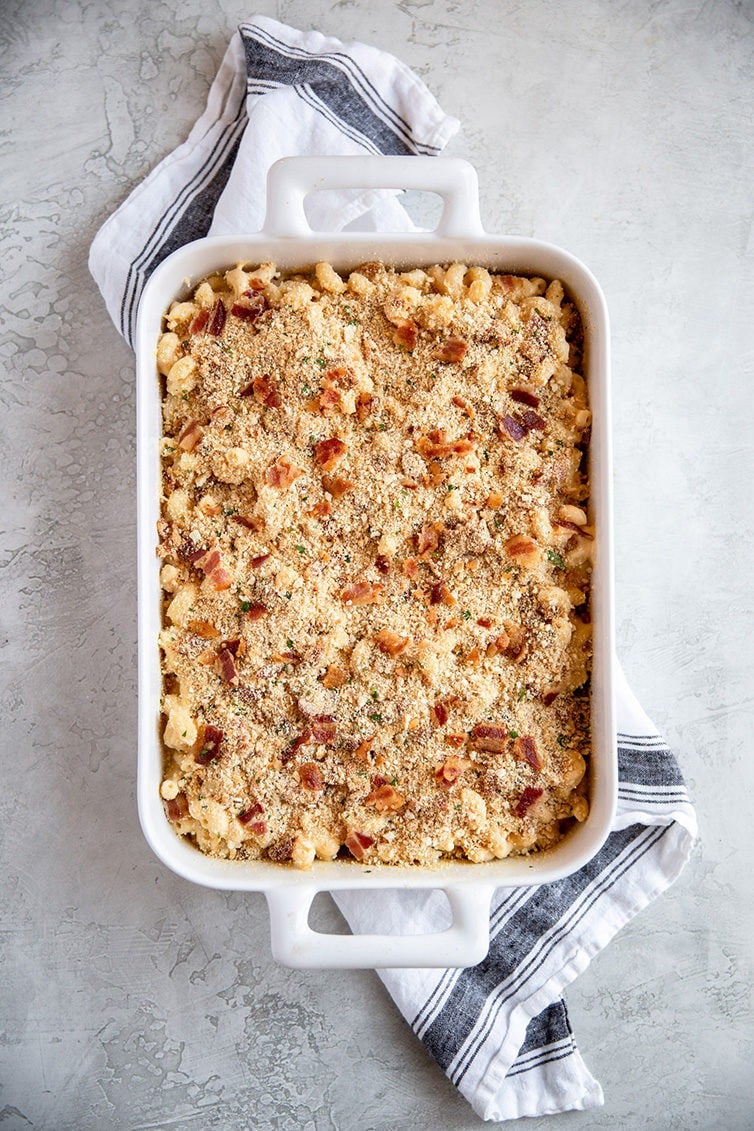 A casserole dish with baked mac and cheese assembled before going into the oven.