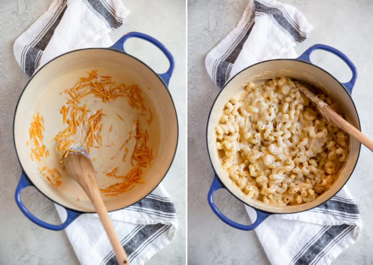 A collage photo of making the sauce for mac and cheese.