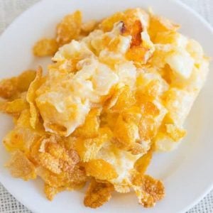 This easy potato casserole is creamy, cheesy and topped with crunchy Corn Flakes.