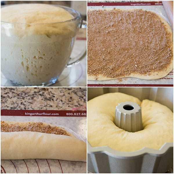 A festive King Cake for Mardi Gras - filled with a pecan, brown sugar and cinnamon swirl - baked into a Bundt pan and decorated with colored sanding sugars.