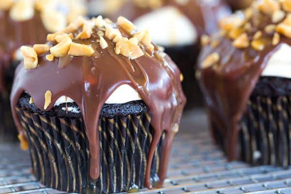 These Snickers cupcakes taste JUST like the candy bar... A chocolate cupcake filled with peanut nougat, topped with a caramel buttercream frosting, covered in a chocolate ganache, chopped peanuts and a drizzle of caramel sauce.