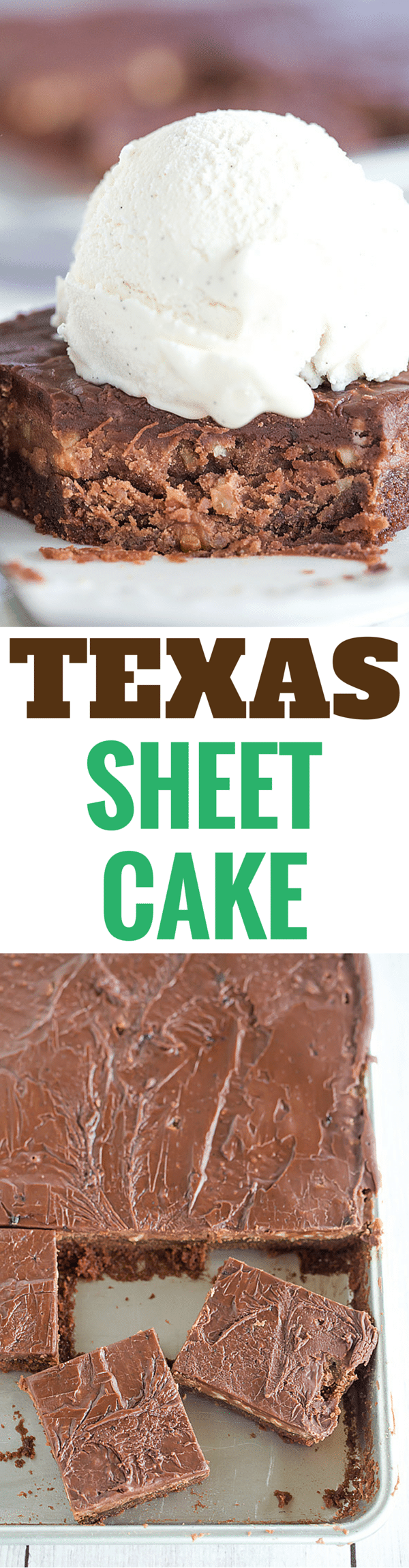 This classic Texas sheet cake has a thin layer of fluffy, moist chocolate cake and is topped with a fudge-like icing with chopped pecans.