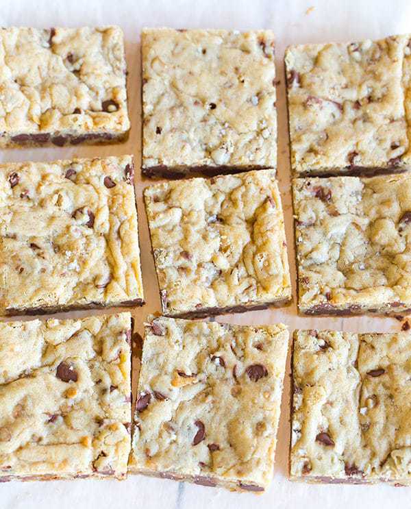 Chocolate Chip and Toffee Blondies spiked with fleur de sel inside and out! Easy, QUICK recipe! One bowl and start to finish recipe time is only 30 minutes!