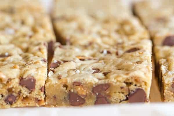 Chocolate Chip and Toffee Blondies spiked with fleur de sel inside and out! Easy, QUICK recipe! One bowl and start to finish recipe time is only 30 minutes!