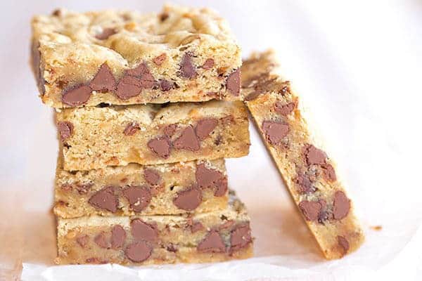 Chocolate Chip and Toffee Blondies spiked with fleur de sel inside and out! Easy, QUICK recipe! One bowl and start to finish recipe time is only 30 minutes!