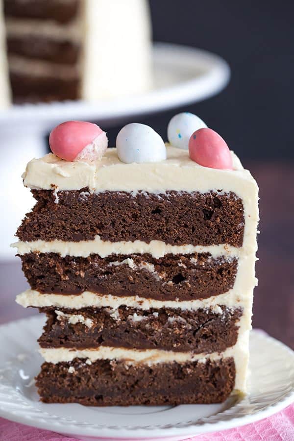 Malted Chocolate Cake with Malted White Chocolate Frosting, also dubbed "Malteaser Cake" - great for any time of year, but perfect for Easter!
