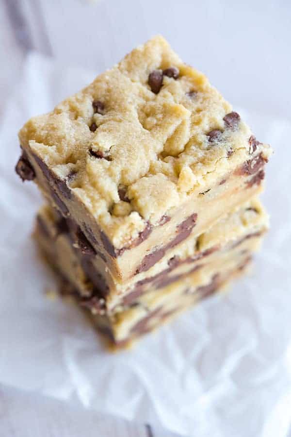 Chocolate chip cookie bars are the perfect easy treat when you're craving your favorite chocolate chip cookies but don't want to wait for dough to chill or to scoop out cookies!
