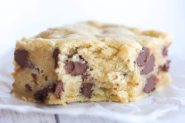 Chocolate chip cookie bars are the perfect easy treat when you're craving your favorite chocolate chip cookies but don't want to wait for dough to chill or to scoop out cookies!