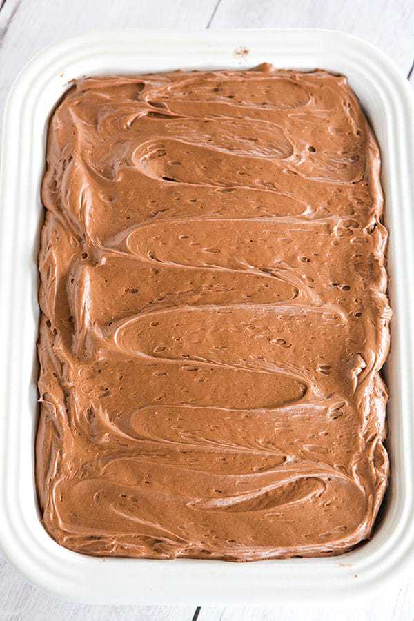 Chocolate Dump-It Cake: An old-fashioned recipe for chocolate cake mixed together in one pot, topped with a tangy cream cheese-chocolate frosting.