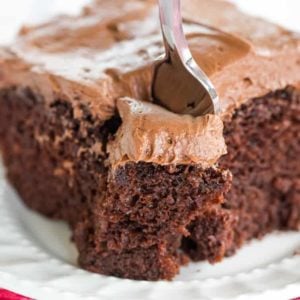 Chocolate Dump-It Cake: An old-fashioned recipe for chocolate cake mixed together in one pot, topped with a tangy cream cheese-chocolate frosting.