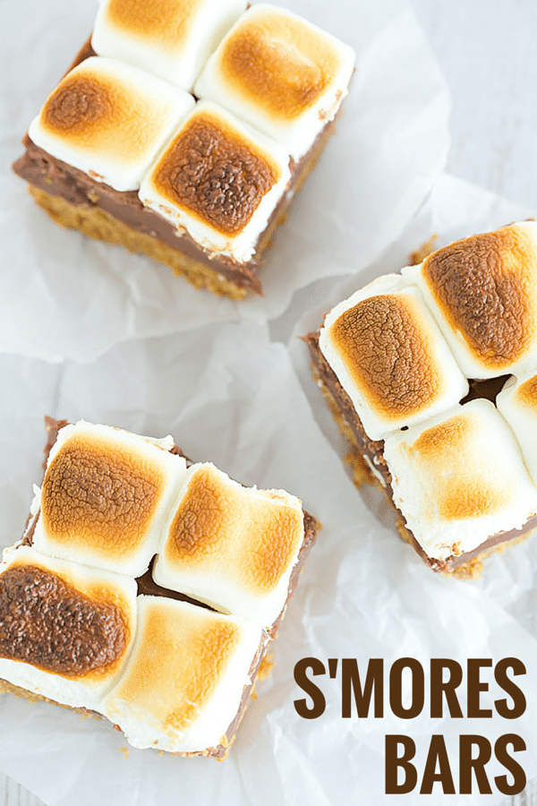 These s'mores bars boast a thick graham crust, a fudgy milk chocolate layer, and are topped with toasted marshmallows, of course!