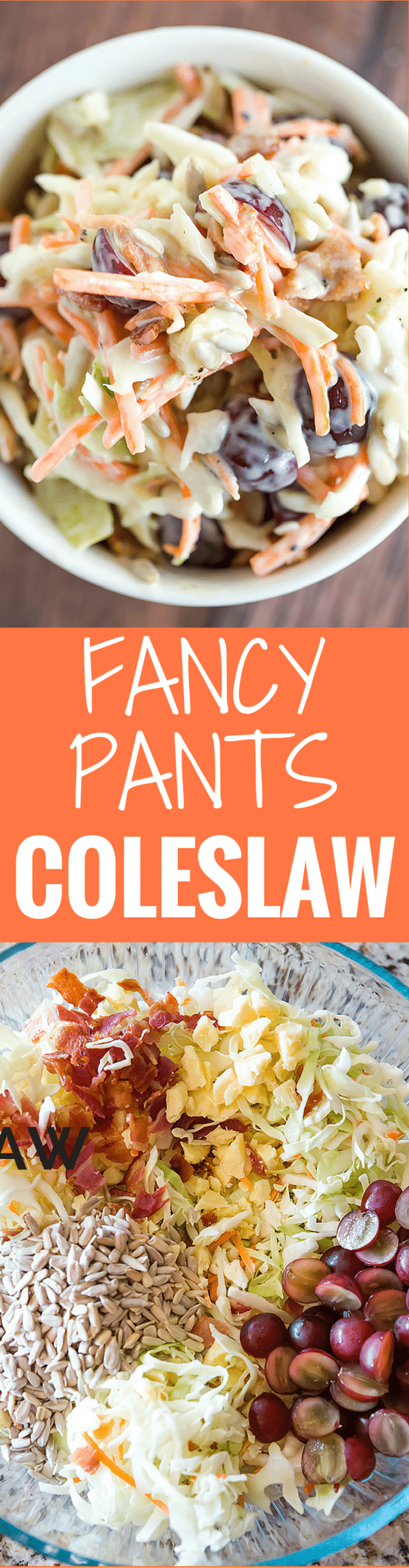 A loaded cole slaw recipe loaded with cheese, bacon, grapes, and sunflower seeds. A great addition to your summer picnic!