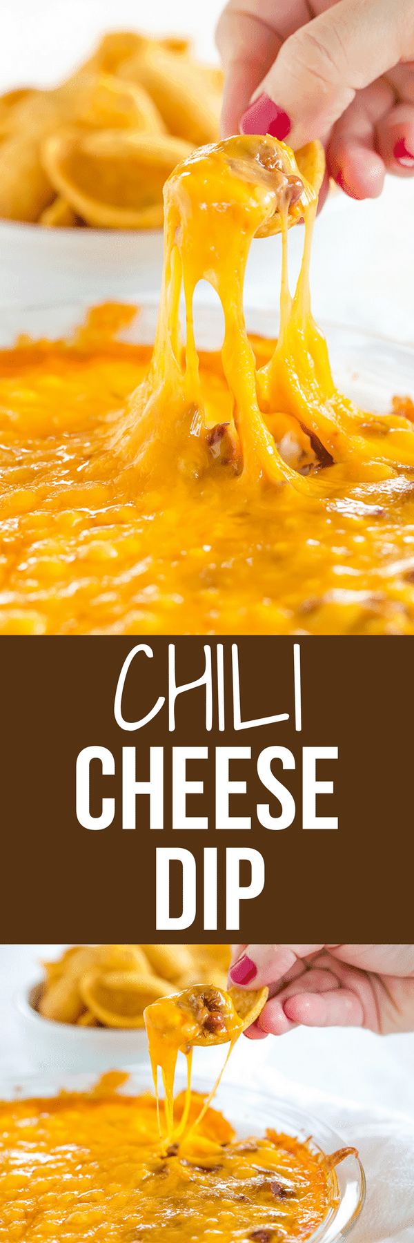 This Cheesy Chili Dip is incredibly easy and perfect for parties, cookouts or watching the game. Only THREE ingredients!! 