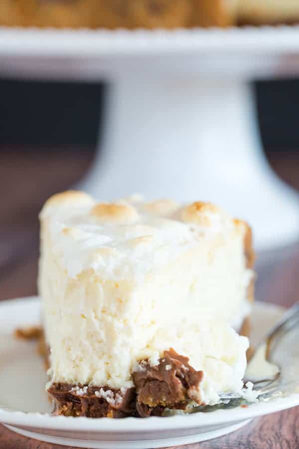 S'mores Cheesecake - The ultimate summer dessert! Graham cracker crust, chocolate fudge, and marshmallow cheesecake, all topped with toasted marshmallows.