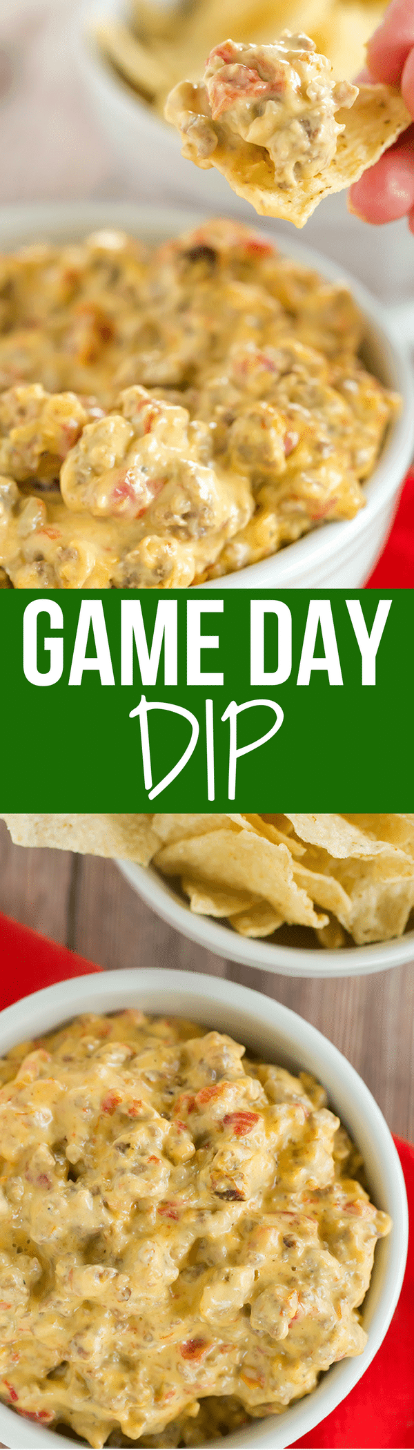 This game day dip is perfect football food - only 5 ingredients and you throw them all in the slow cooker! An easy, cheesy dip!