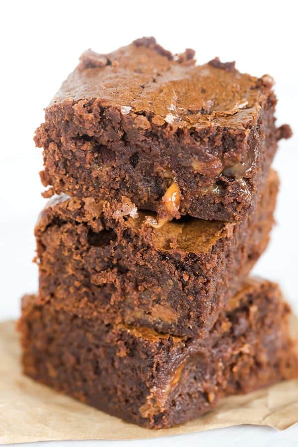 Salted Rolo Brownies: These super fudgy brownies are loaded with chopped Rolo candies, have additional candies pressed into the top of the batter, and include a healthy dose of flaked sea salt for the ultimate balance. 