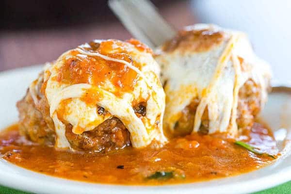 Skillet Meatball Parmesan: An easy skillet meal with awesome meatballs simmered in a tomato sauce and topped with lots of fresh mozzarella.