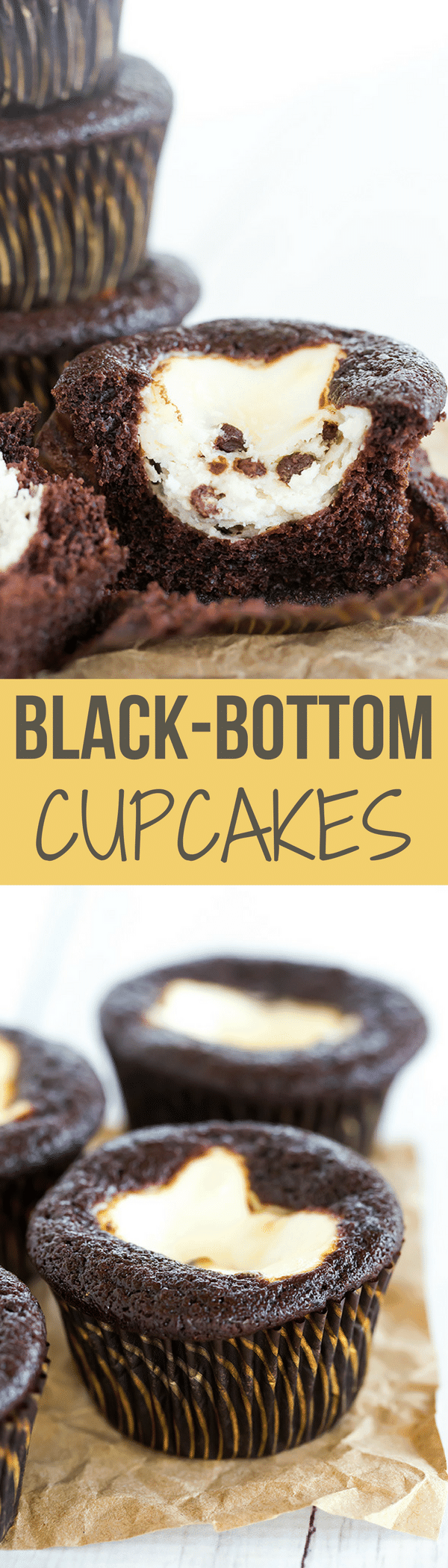 Classic black-bottom cupcakes - super moist chocolate cupcakes topped with a cheesecake filling and mini chocolate chips. The best of both worlds!