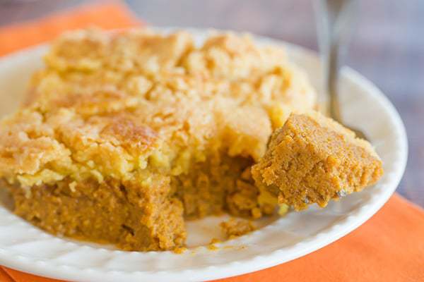 Pumpkin Yummy Dessert is made like a dump cake, with a pumpkin pie layer topped with a buttery cake layer. A quick and easy Thanksgiving dessert!
