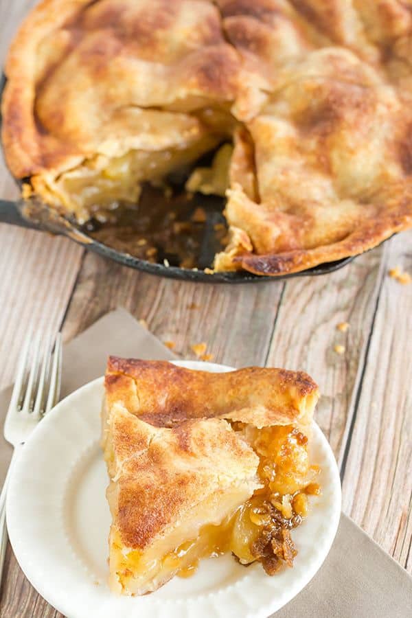 This skillet apple pie is a quick and easy dessert recipe, and it's toffee-like sauce will melt your heart.