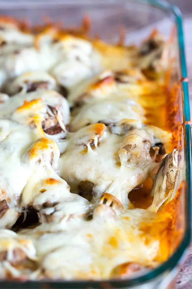 Cheesy Chicken with Mushrooms - Breaded chicken cutlets layered with sliced mushrooms and mozzarella. Easy dinner! | browneyedbaker.com