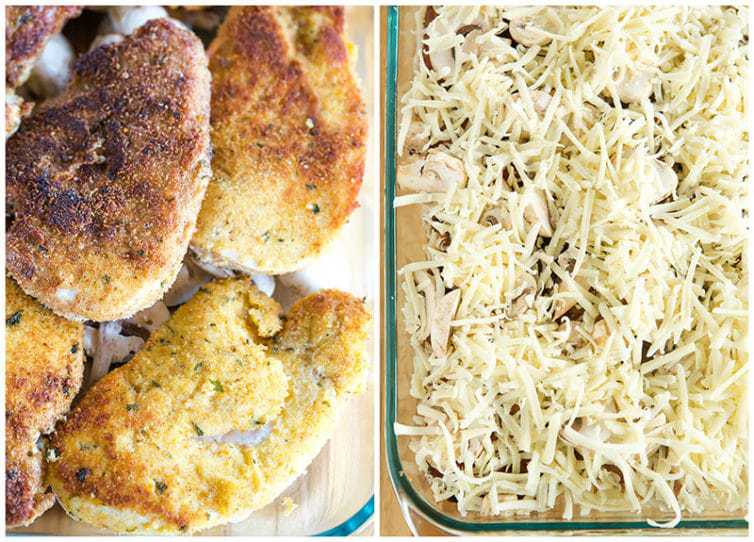 Cheesy Chicken with Mushrooms - Breaded chicken cutlets layered with sliced mushrooms and mozzarella. Easy dinner! | browneyedbaker.com