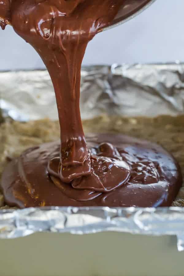 Monster cookie bars with the classic combination of peanut butter, oats, and M&Ms, plus a layer of fudge running through the center!