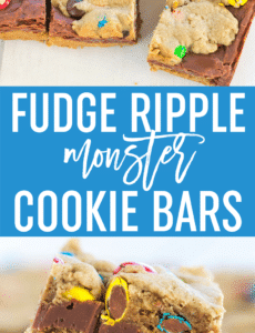 Monster cookie bars with the classic combination of peanut butter, oats, and M&Ms, plus a layer of fudge running through the center!