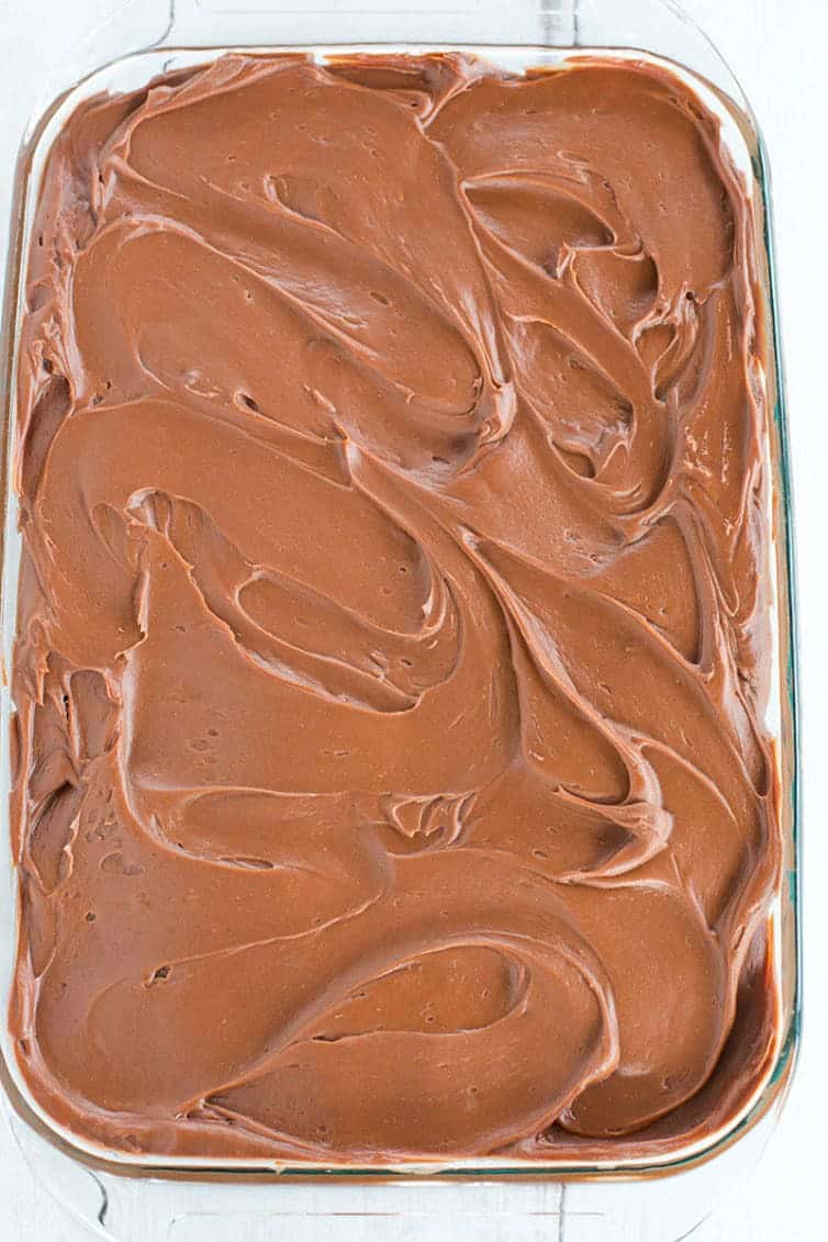 This fabulous chocolate sheet cake only requires one pot for mixing and is topped with the most amazing milk chocolate ganache frosting.