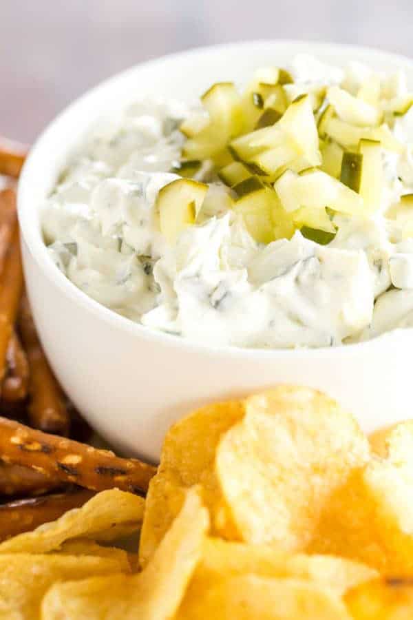 Dill pickle dip is a must for any pickle fan! Loads of pickle and dill flavor and it's perfect for dipping pretzels, chips, crackers, or veggies.