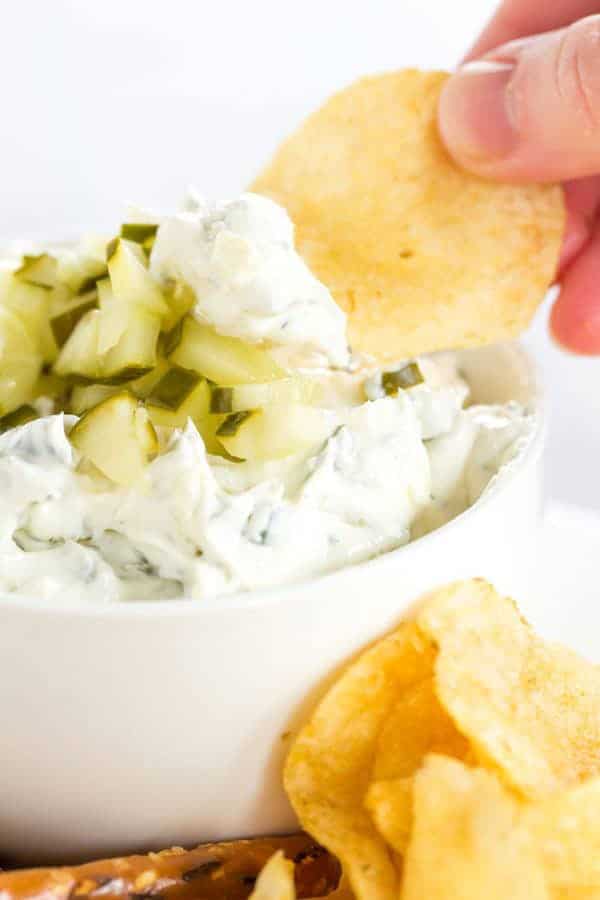 Dill pickle dip is a must for any pickle fan! Loads of pickle and dill flavor and it's perfect for dipping pretzels, chips, crackers, or veggies.