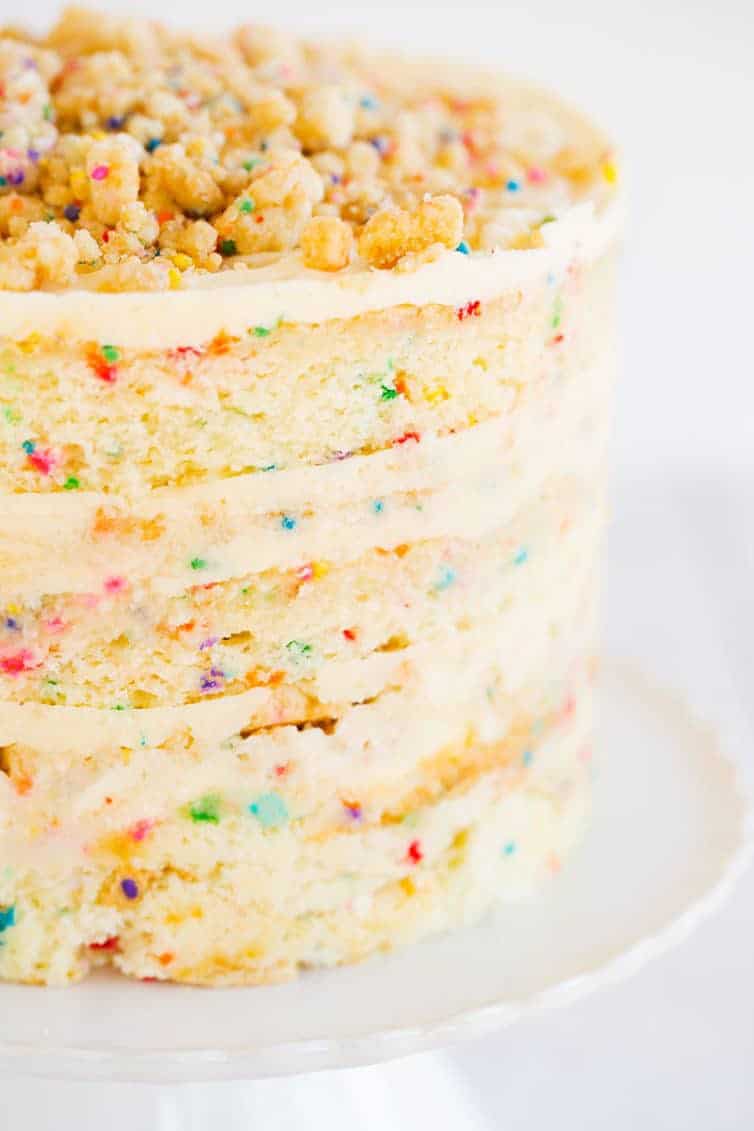 The famous Momofuku Milk Bar Birthday Layer Cake - Layers of funfetti cake loaded with sprinkles, vanilla frosting, and birthday cake crumbs!