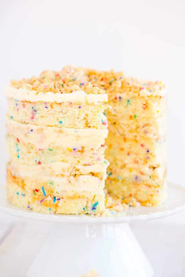 The famous Momofuku Milk Bar Birthday Layer Cake - Layers of funfetti cake loaded with sprinkles, vanilla frosting, and birthday cake crumbs!