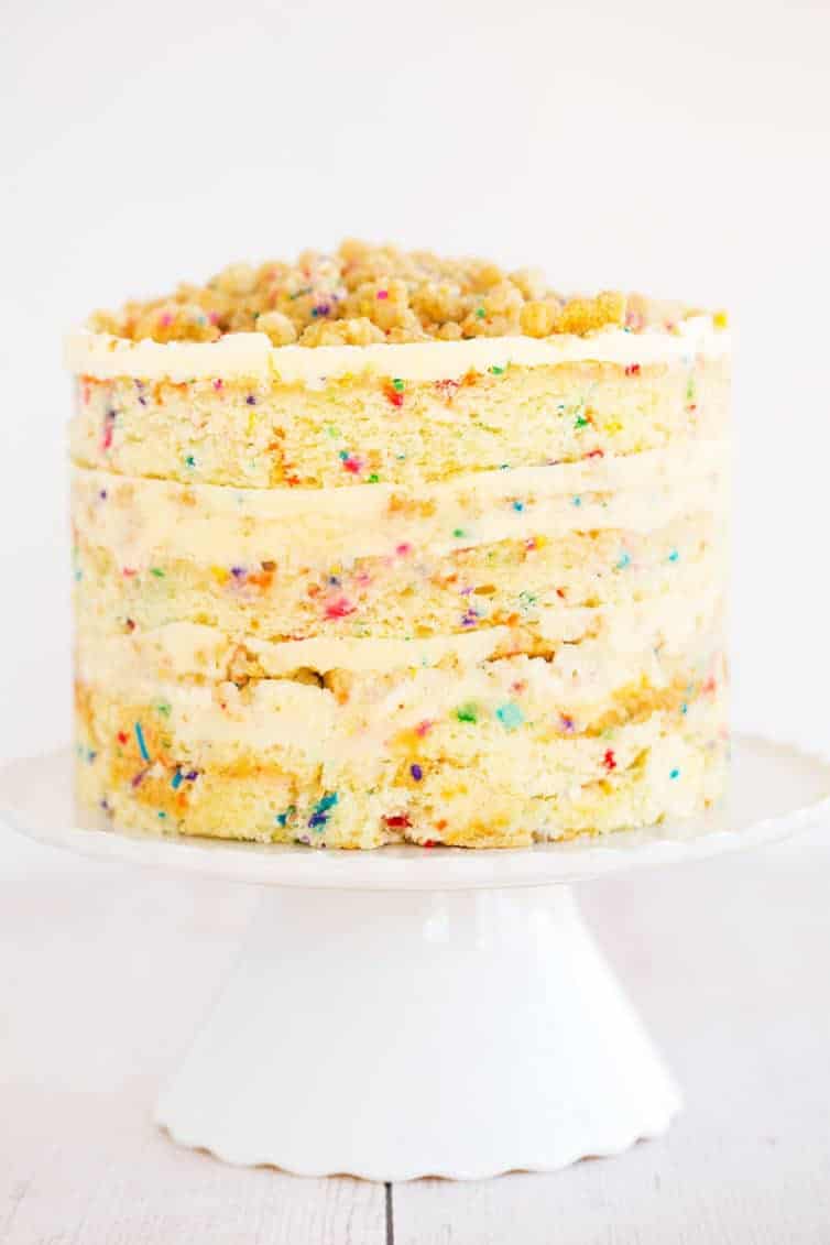 The famous Momofuku Milk Bar Birthday Layer Cake - Layers of funfetti cake loaded with sprinkles, vanilla frosting, and birthday cake crumbs!