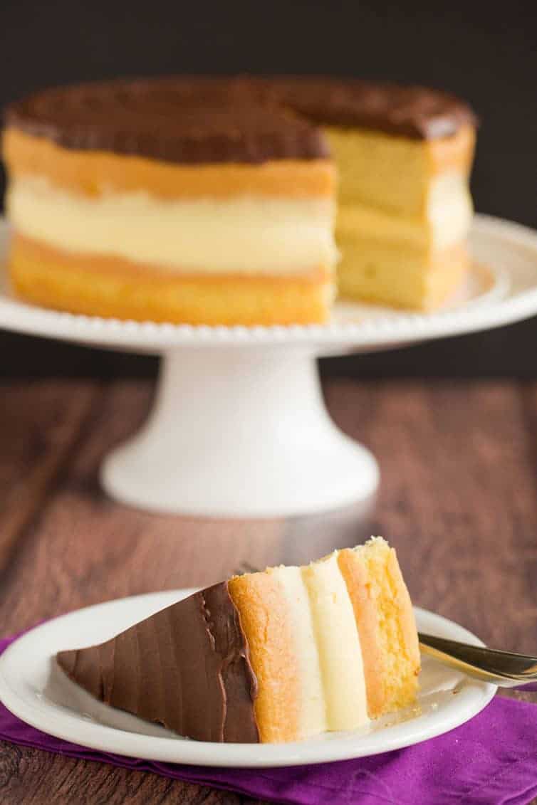 Boston Cream Pie - This recipe features a simple vanilla cake filled with homemade pastry cream and topped with a chocolate ganache.