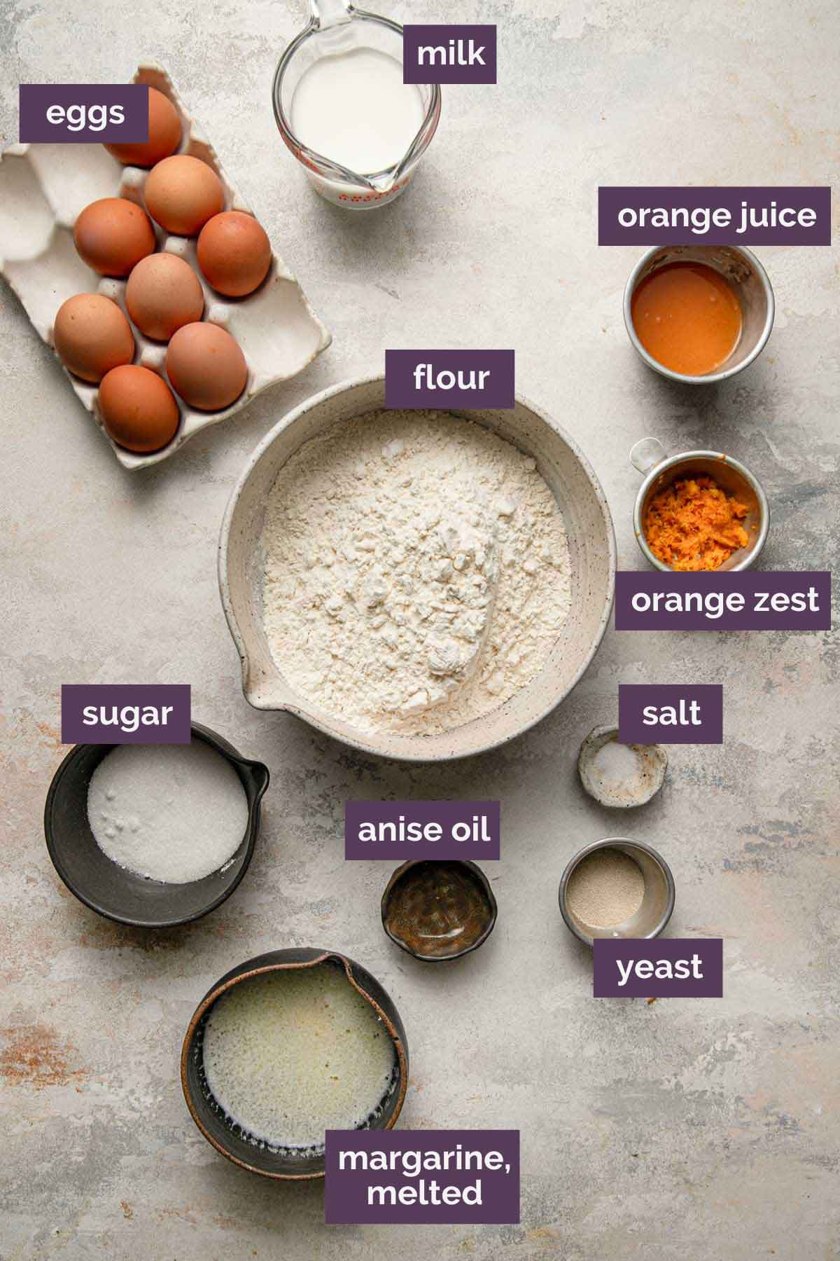 Overhead photo of ingredients for Italian Easter bread prepped and labeled.