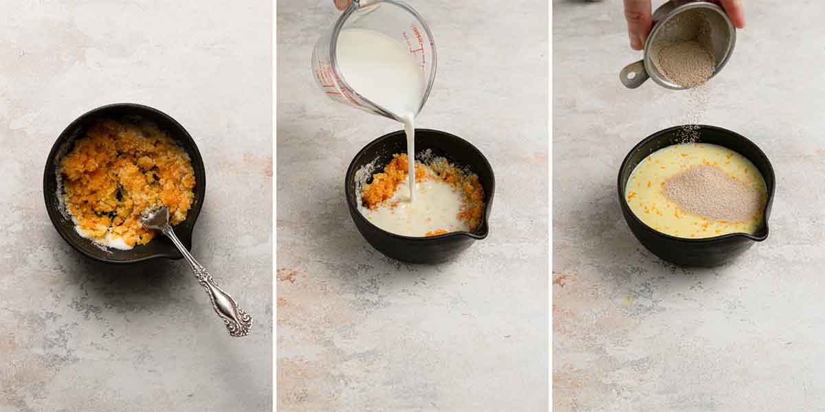 Mixing together orange zest, sugar, milk, and yeast for Italian Easter bread.