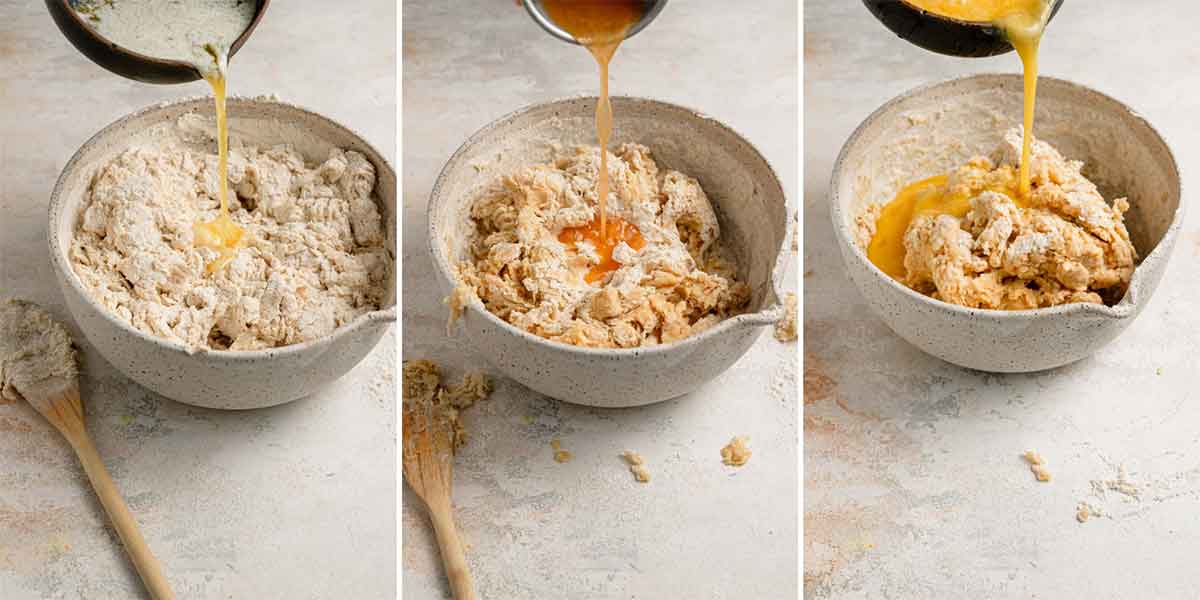 Adding the melted margarine, orange juice, and eggs to dough for Italian Easter bread.