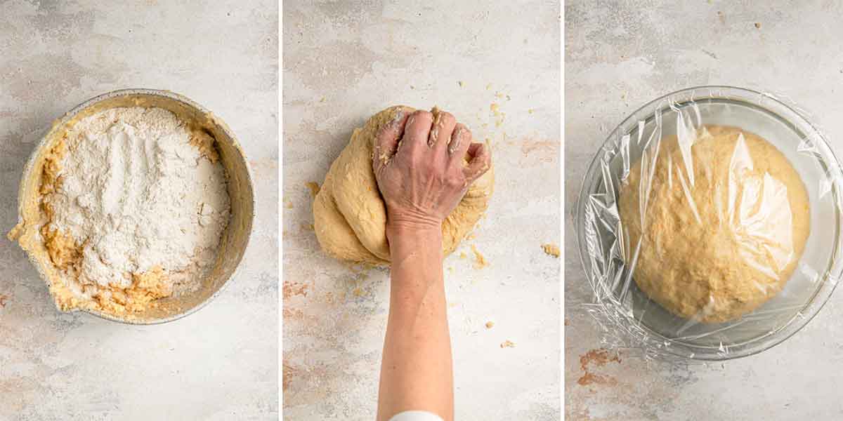 Side by side photos of dough for Italian Easter bread in a bowl, then being kneaded by hand, then in a bowl covered with plastic wrap.