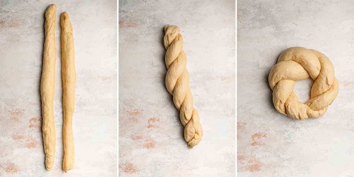 Instructional photos showing how to twist and braid the dough and shape it into a wreath.