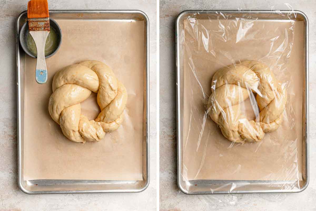 Photos of Italian Easter bread shaped and on a parchment-lined sheet after being brushed with butter and covered with plastic wrap.