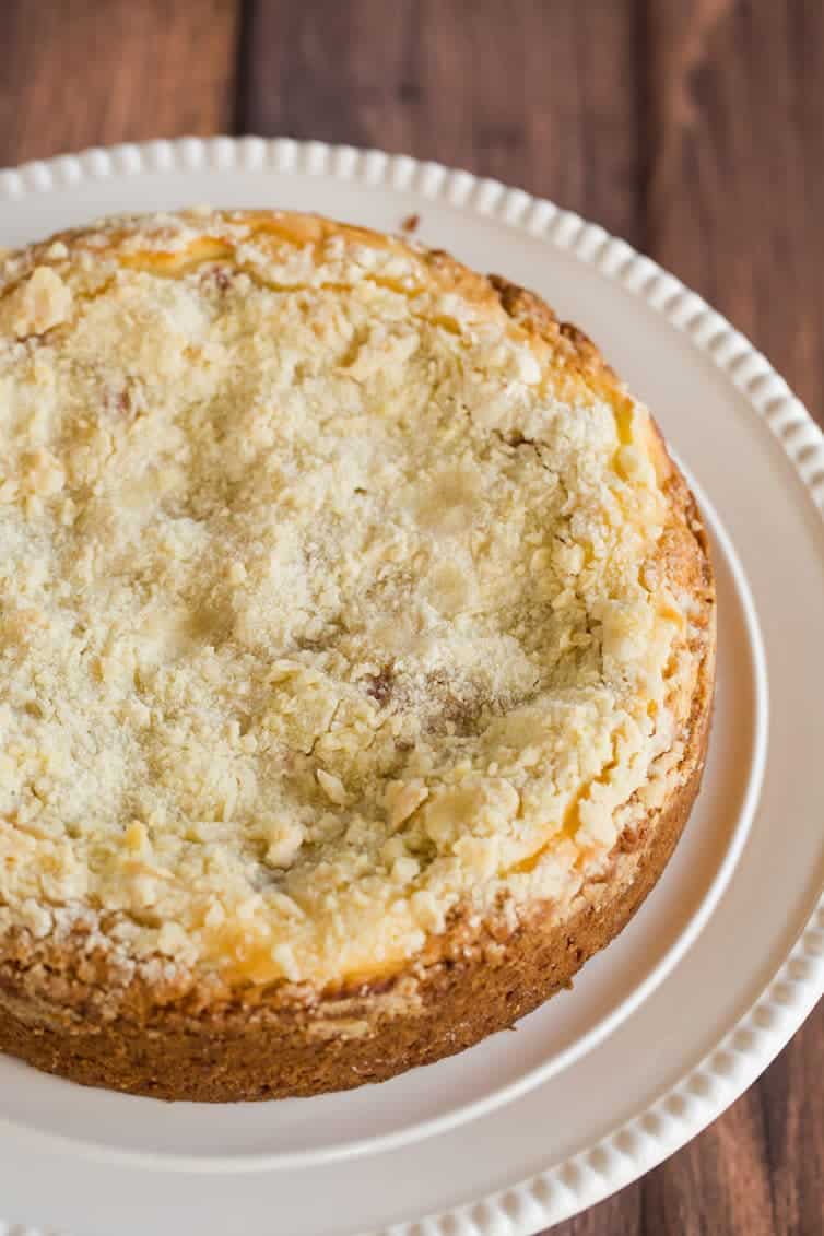 Strawberry Rhubarb Coffee Cake - A biscuit-like cake topped with a cream cheese filling and homemade strawberry rhubarb jam.