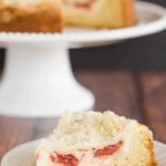 Strawberry Rhubarb Coffee Cake - A biscuit-like cake topped with a cream cheese filling and homemade strawberry rhubarb jam.