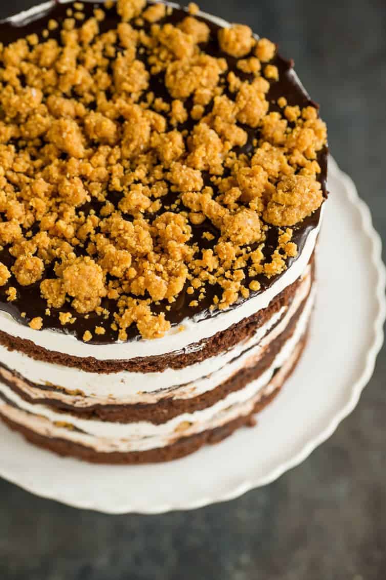An overhead view of the multi-layered s'mores cake.