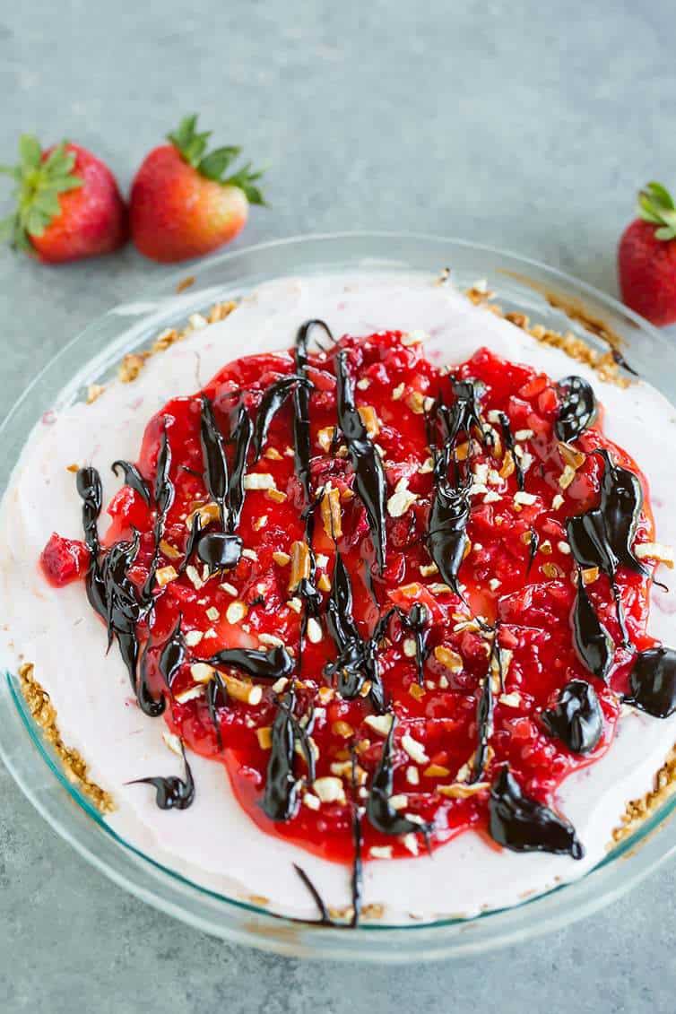 An overhead look at Pretzel Strawberry Ice Cream Pie
