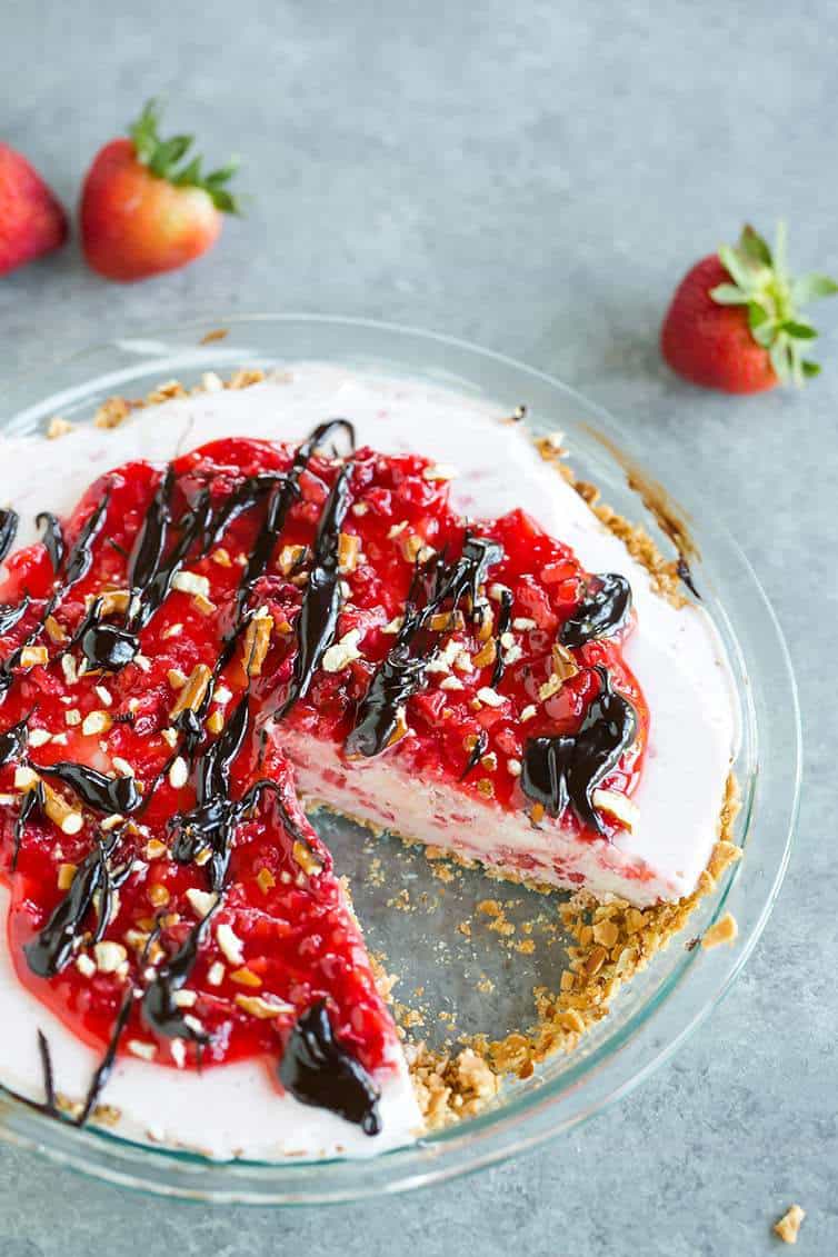 A strawberry-vanilla ice cream pie with a sugar cone and pretzel crust.